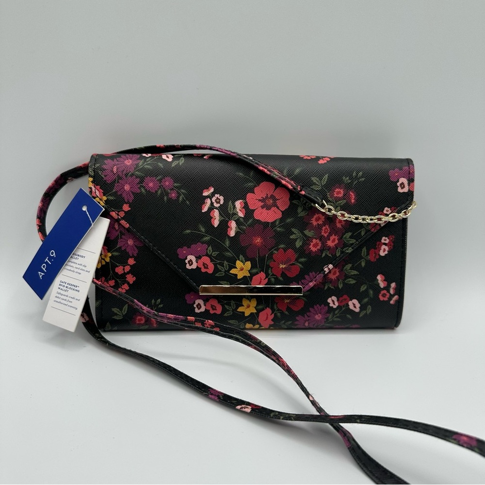 APT. 9 Black Floral Envelope WOS Crossbody Wallet RFID MSRP $38 NEW NWT
